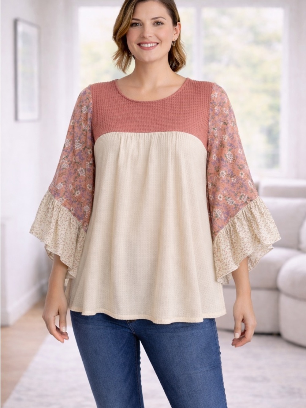 1X Floral Sleeve Two-Tone Waffle Knit Blouse - Pink & Cream Butterfly sleeves